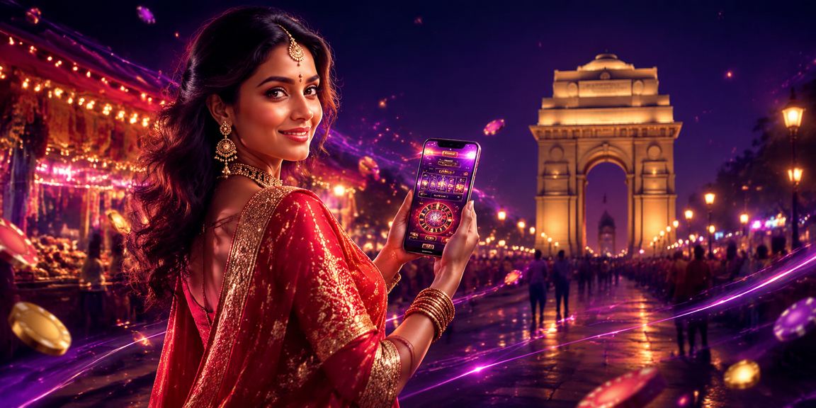 Indian woman playing Rummy on mobile device near India Gate