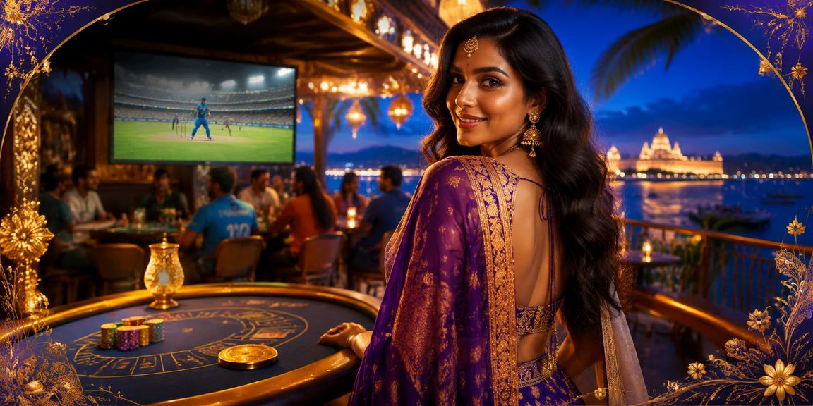 Indian woman playing rummy with cards, blue traditional dress